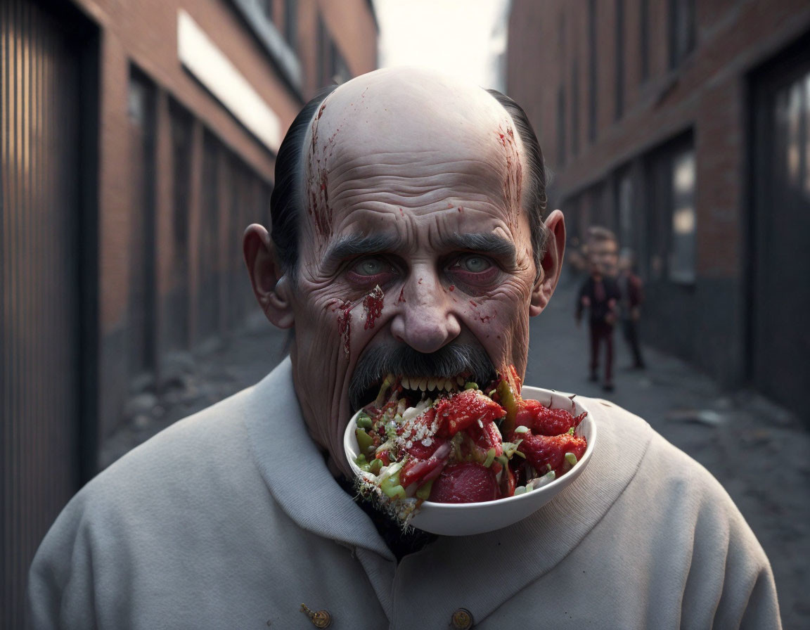 Hyper-realistic artwork of man with facial prosthetics eating in alleyway