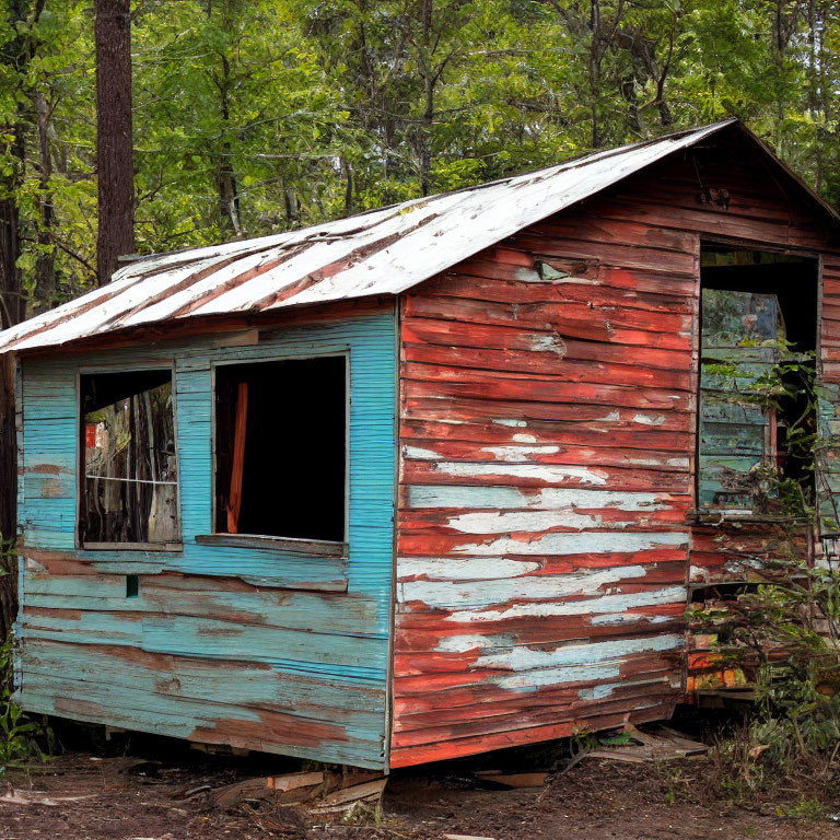 Weathered shack with peeling paint in forest setting