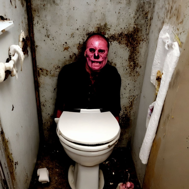 Person in red skull mask on toilet in grimy bathroom