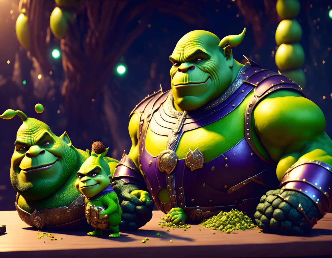 Animated ogres in dark scene around table.