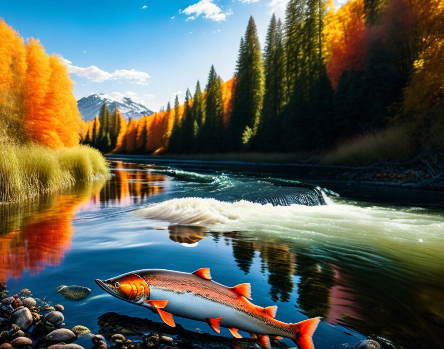 Digitally altered image: Oversized fish in river with autumn trees & blue sky