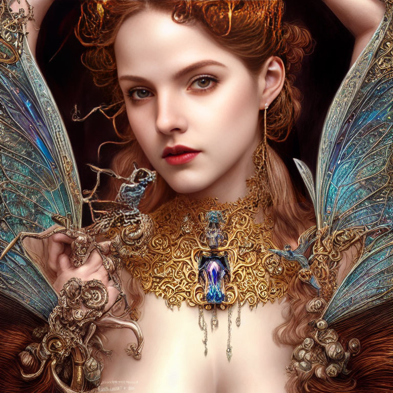 Fantasy portrait of a woman with golden jewelry and dragonfly wings