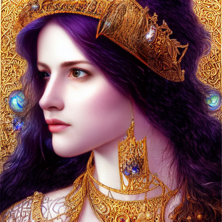 Regal woman with purple hair and gold jewelry on intricate golden background