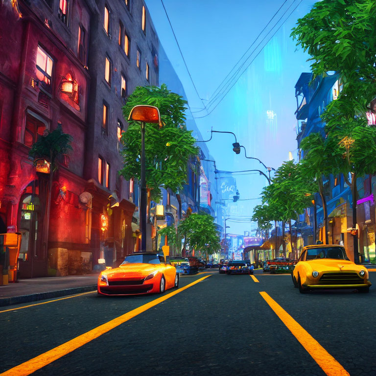 Colorful city street scene with futuristic architecture and stylized vehicles at dusk