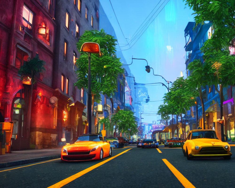 Colorful city street scene with futuristic architecture and stylized vehicles at dusk