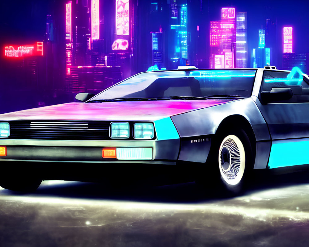 DeLorean car with open gull-wing door in neon-lit cityscape