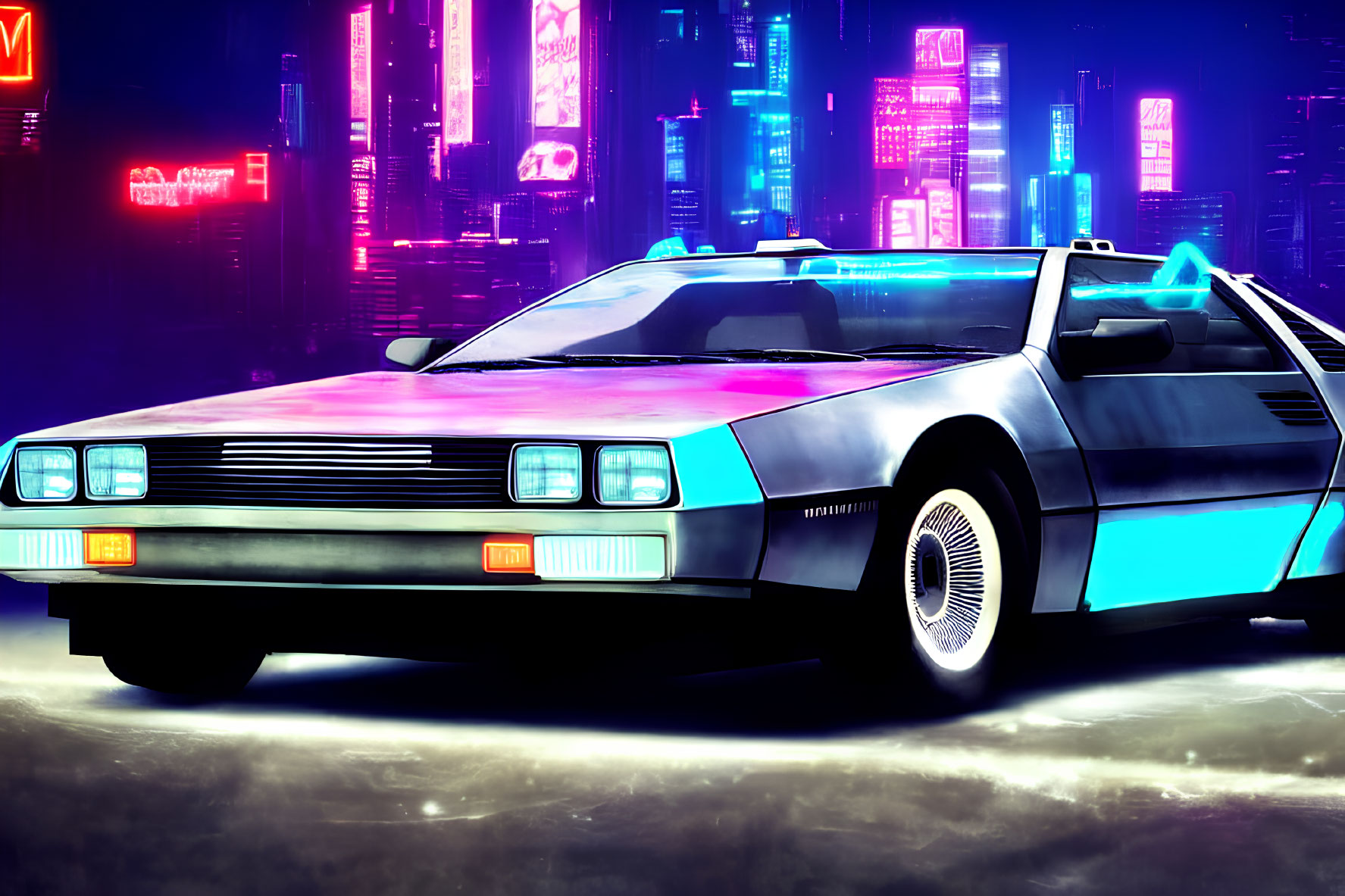 DeLorean car with open gull-wing door in neon-lit cityscape