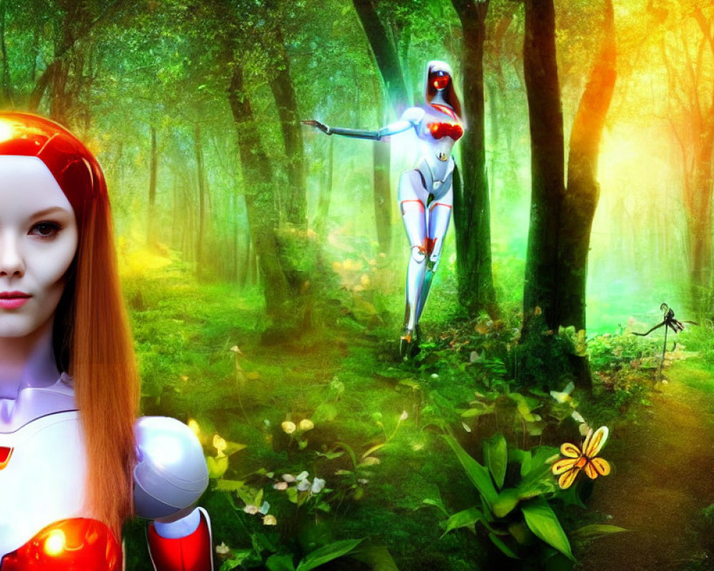 Red and white humanoid robot in lush forest with small figure