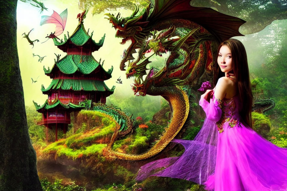 Woman in pink dress with dragon and pagodas in mystical forest
