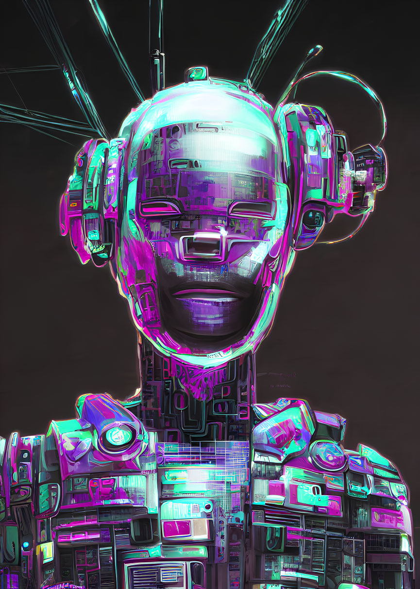 Colorful cyberpunk robot with neon pink and purple hues on dark background