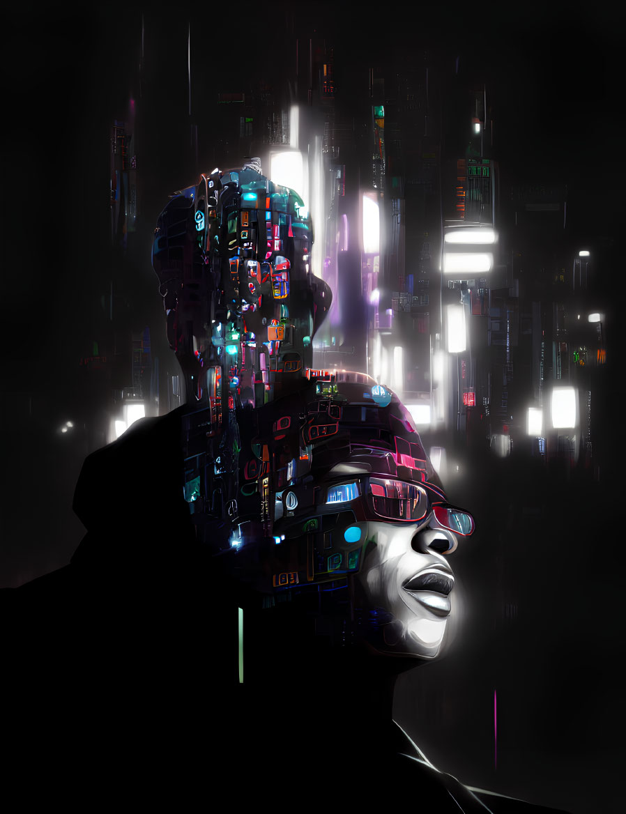 Silhouette with neon cybernetic enhancements and cityscape projections.