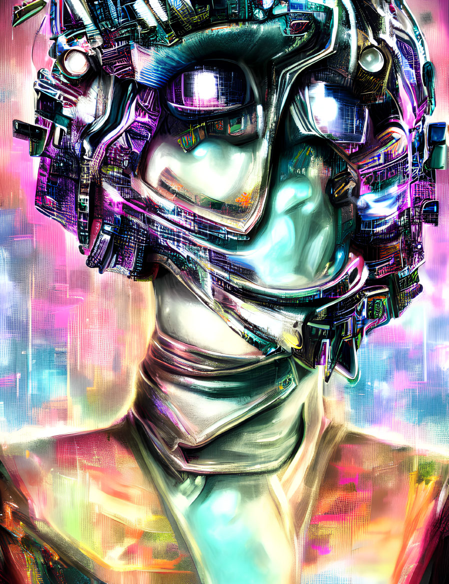 Vibrant digital artwork: futuristic robotic face with glowing eyes on abstract background