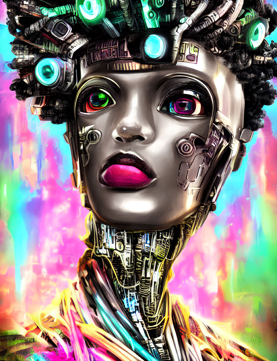 Colorful Female Android Artwork with Mechanical Features and Red Eyes