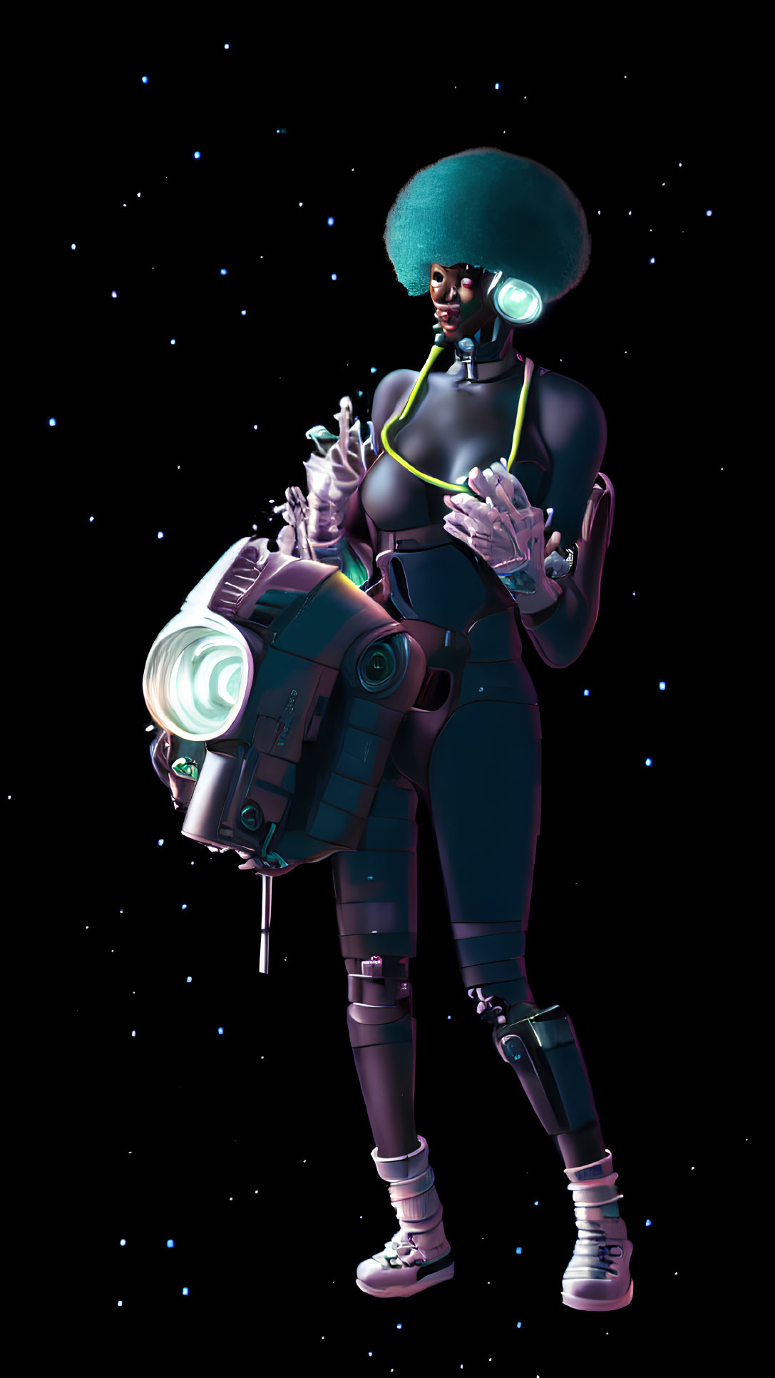 Futuristic female figure in space suit with afro and helmet using holographic interface