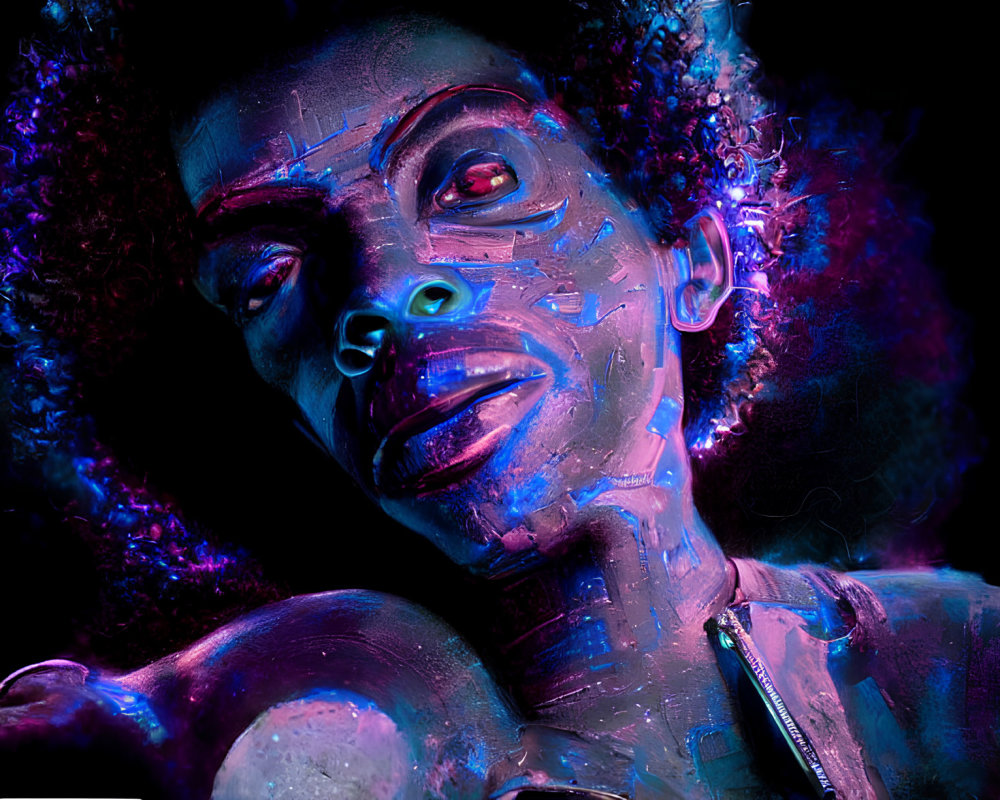 Colorful portrait with blue and purple lighting on textured skin and curly hair