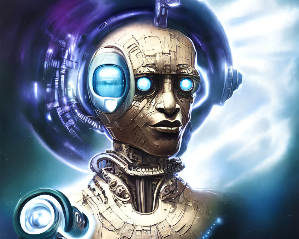 Detailed futuristic robot with humanoid face and glowing blue eyes in cosmic setting