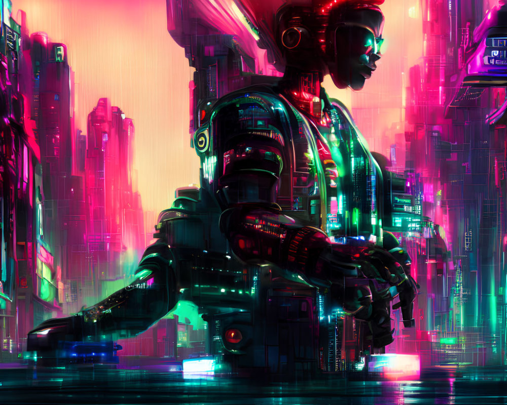 Cybernetic figure with neon accents in futuristic cityscape.