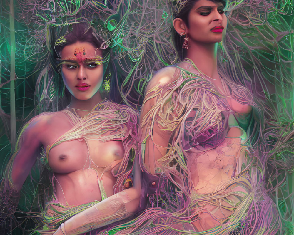 Women with Branch and Leaf Body Art on Vibrant Background