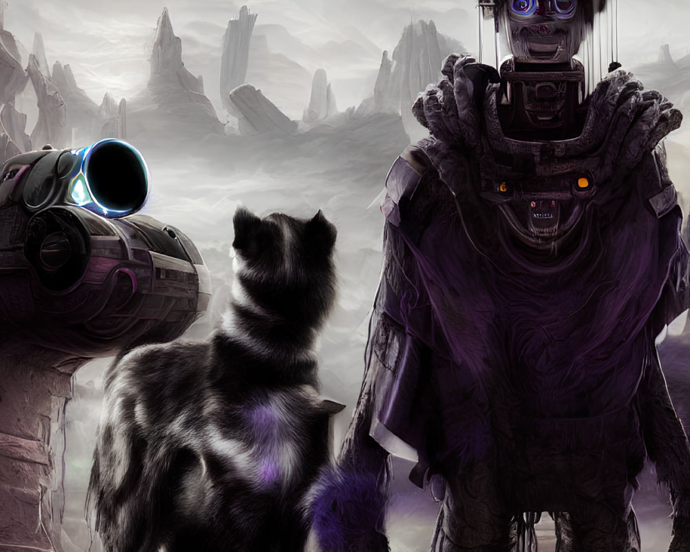 Robot and wolf in tattered space gear on alien landscape with spaceship