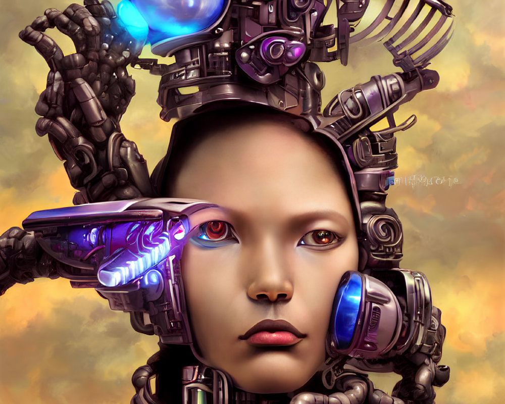 Digital artwork: Woman's face merged with cybernetic headgear, glowing elements, sci-fi aesthetic