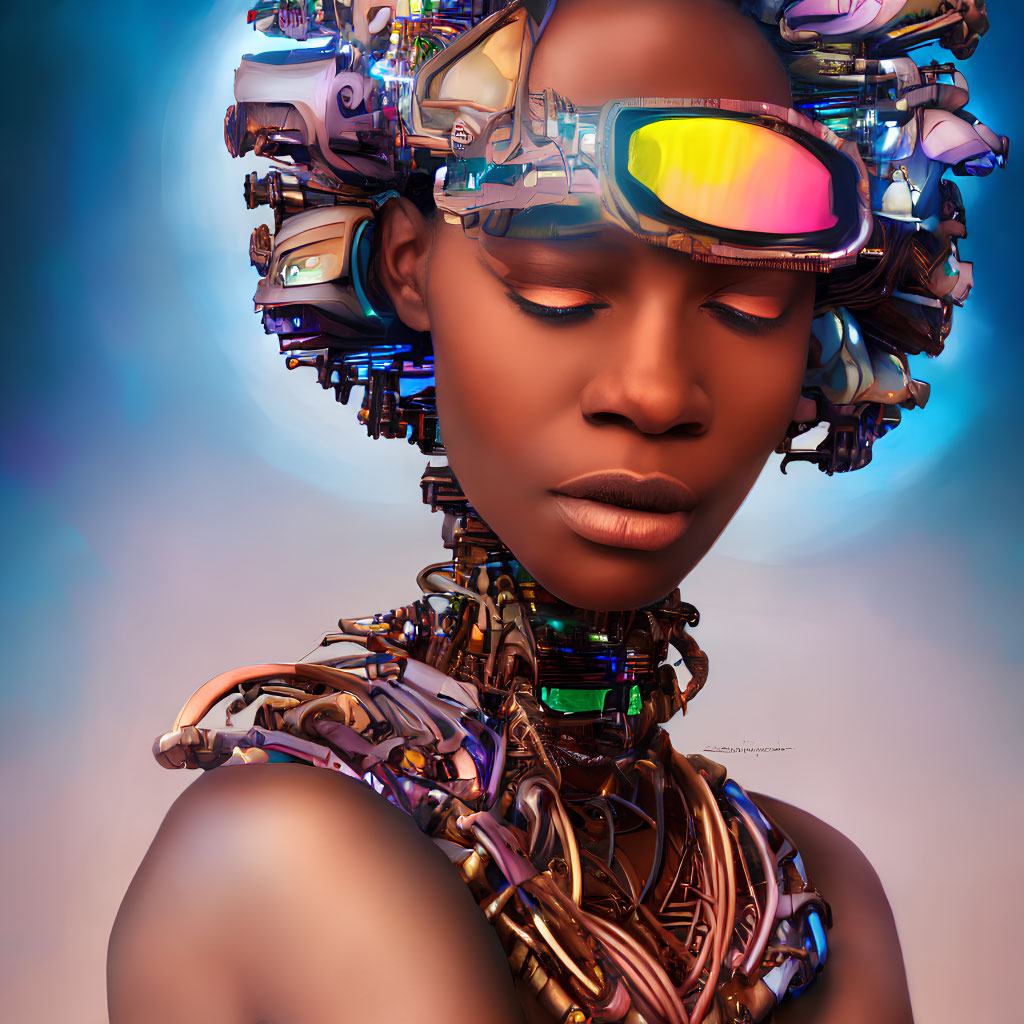 Digital artwork: Futuristic cybernetic person with glowing goggles