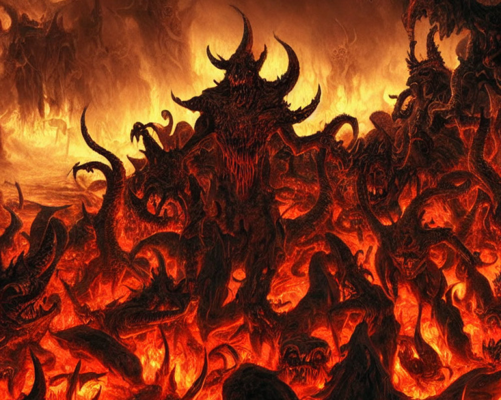 Hellish landscape with demonic figures and horned creature in flames