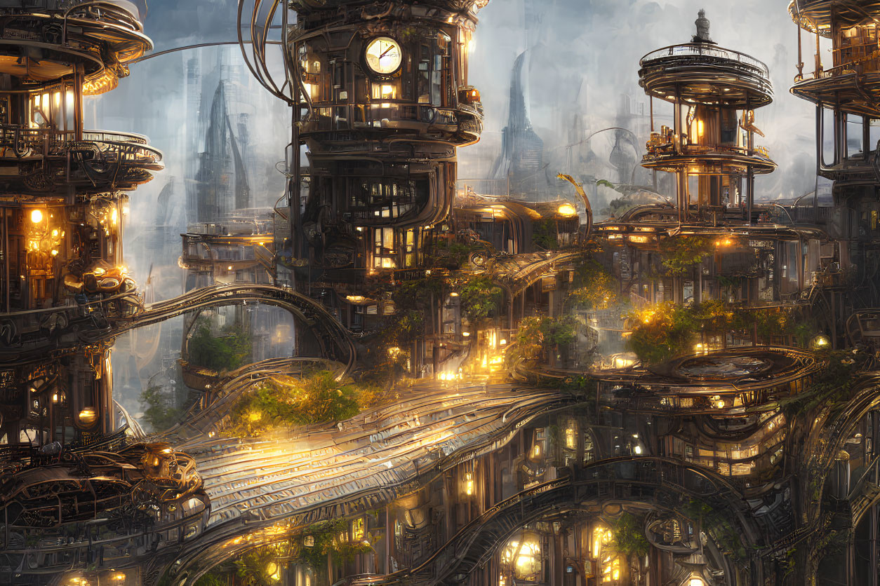 Fantastical illuminated cityscape with ornate buildings and lush greenery