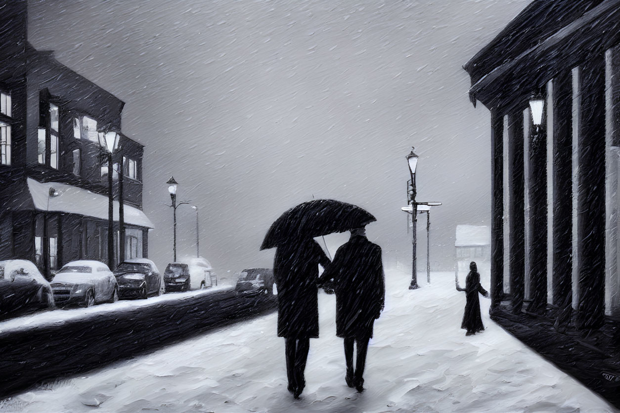 Couple under umbrella on snowy city street with parked cars and street lamps