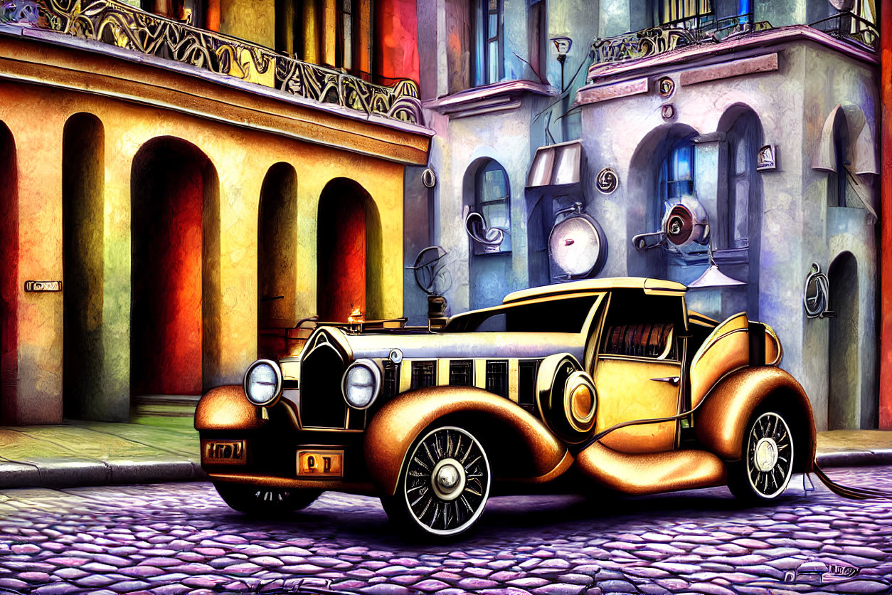 Colorful Stylized Image: Classic Car on Cobblestone Street in Whimsical Town