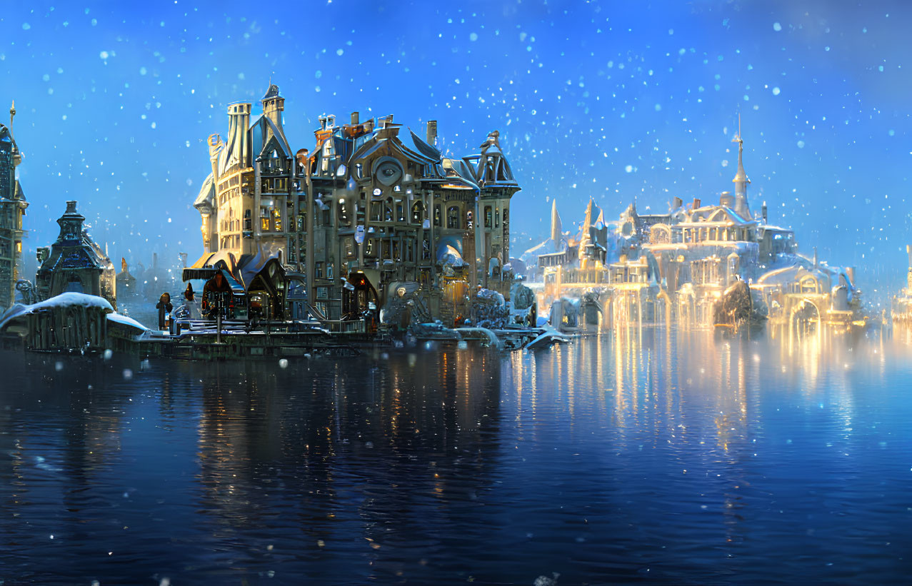 Snowfall over illuminated city by calm water at dusk or dawn