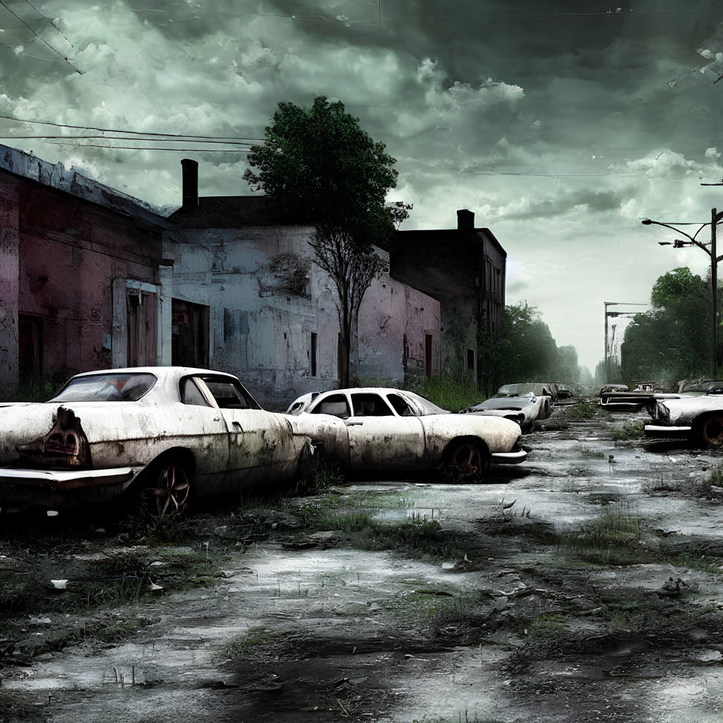 Desolate Street with Abandoned Buildings and Cars under Overcast Skies