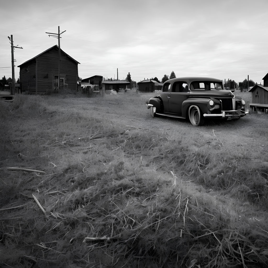 Vintage Car Parked Near Old Wooden Building in Overgrown Field, Under Cloudy Sky