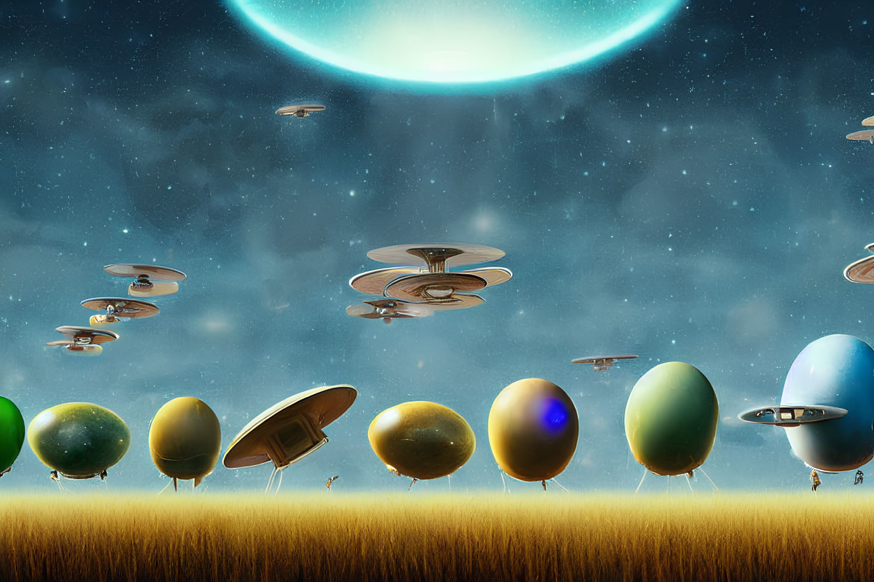 Fantasy landscape with egg-shaped structures and flying saucers under a glowing celestial body