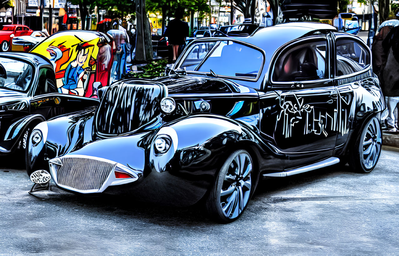 Stylized high-contrast image of classic black car at car show