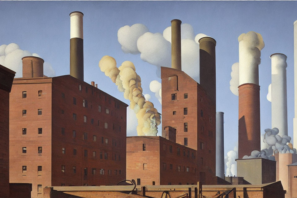 Industrial Landscape Painting with Red-Brick Buildings and Chimneys