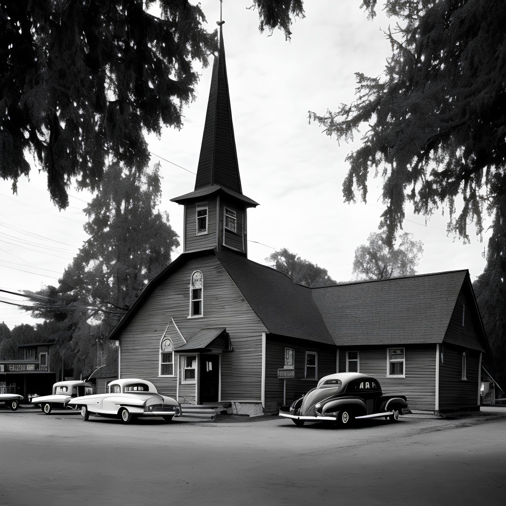 Grayscale image of old church, vintage cars, shady trees