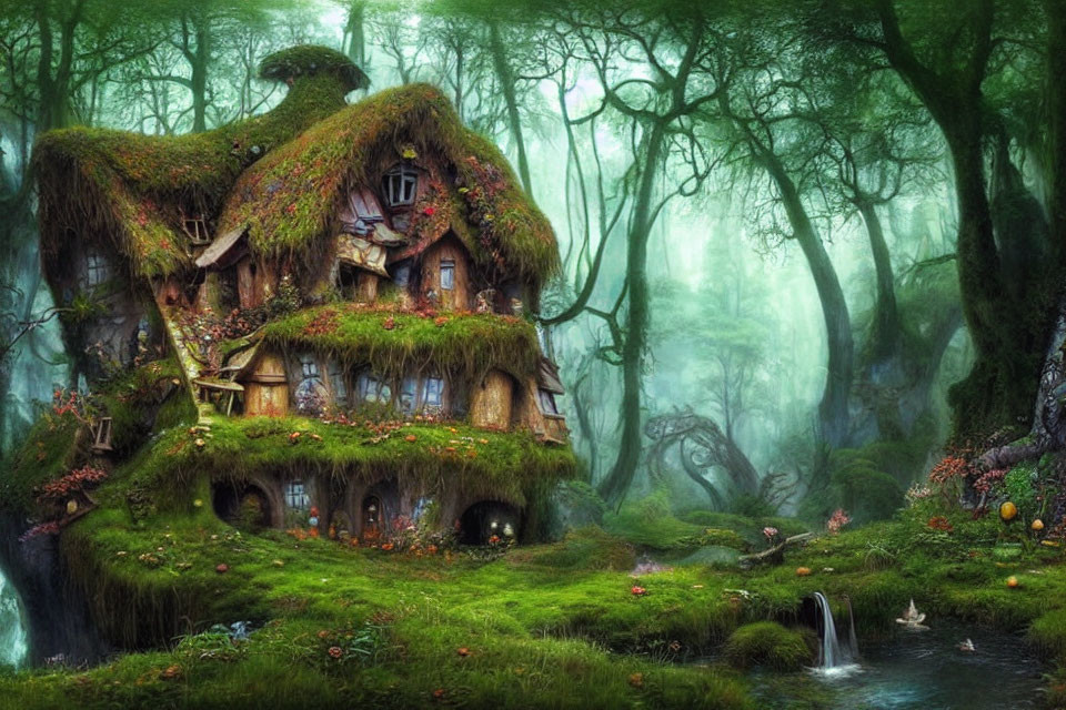 Moss-Covered House in Enchanting Forest with Waterfall