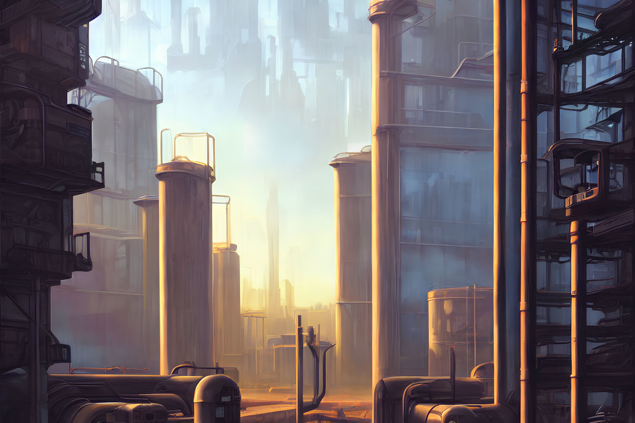 Futuristic cityscape with towering skyscrapers and industrial pipes in warm, golden light