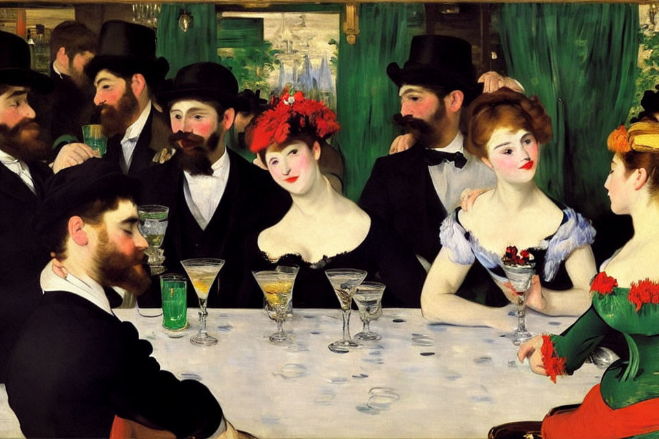 19th-Century Parisian Bar Scene with Men in Top Hats and Women in Dresses