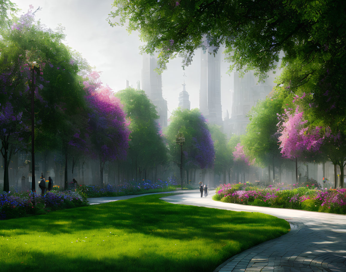 Tranquil Park with Green Grass, Purple Trees, and Cityscape Silhouettes