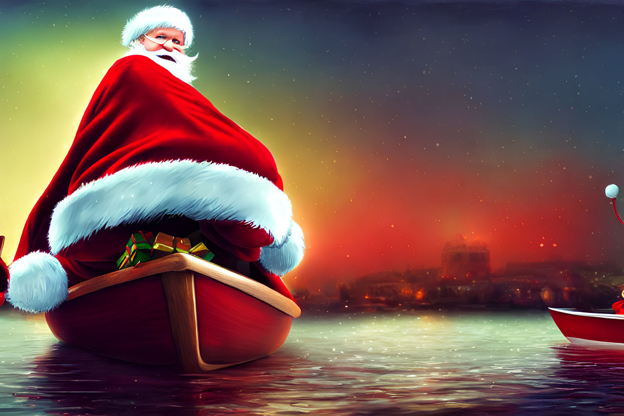 Santa Claus in Water Sleigh with Presents at Twilight