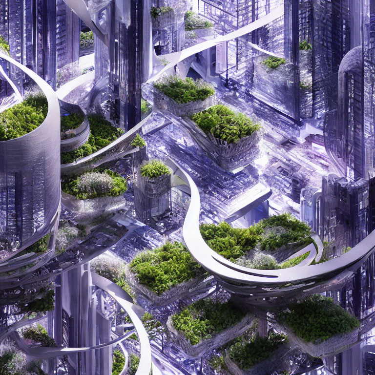 Futuristic Cityscape with Glass Buildings and Elevated Walkways