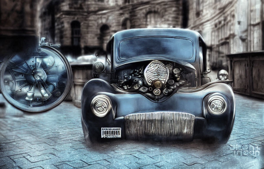 Exaggerated futuristic vehicle with floating pocket watch on cobblestone street