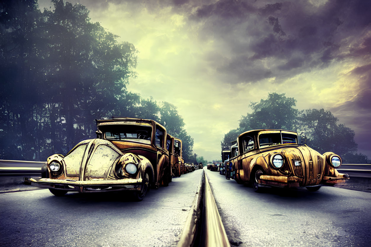 Classic Cars on Misty Road with Dramatic Sky & Fallen Leaves