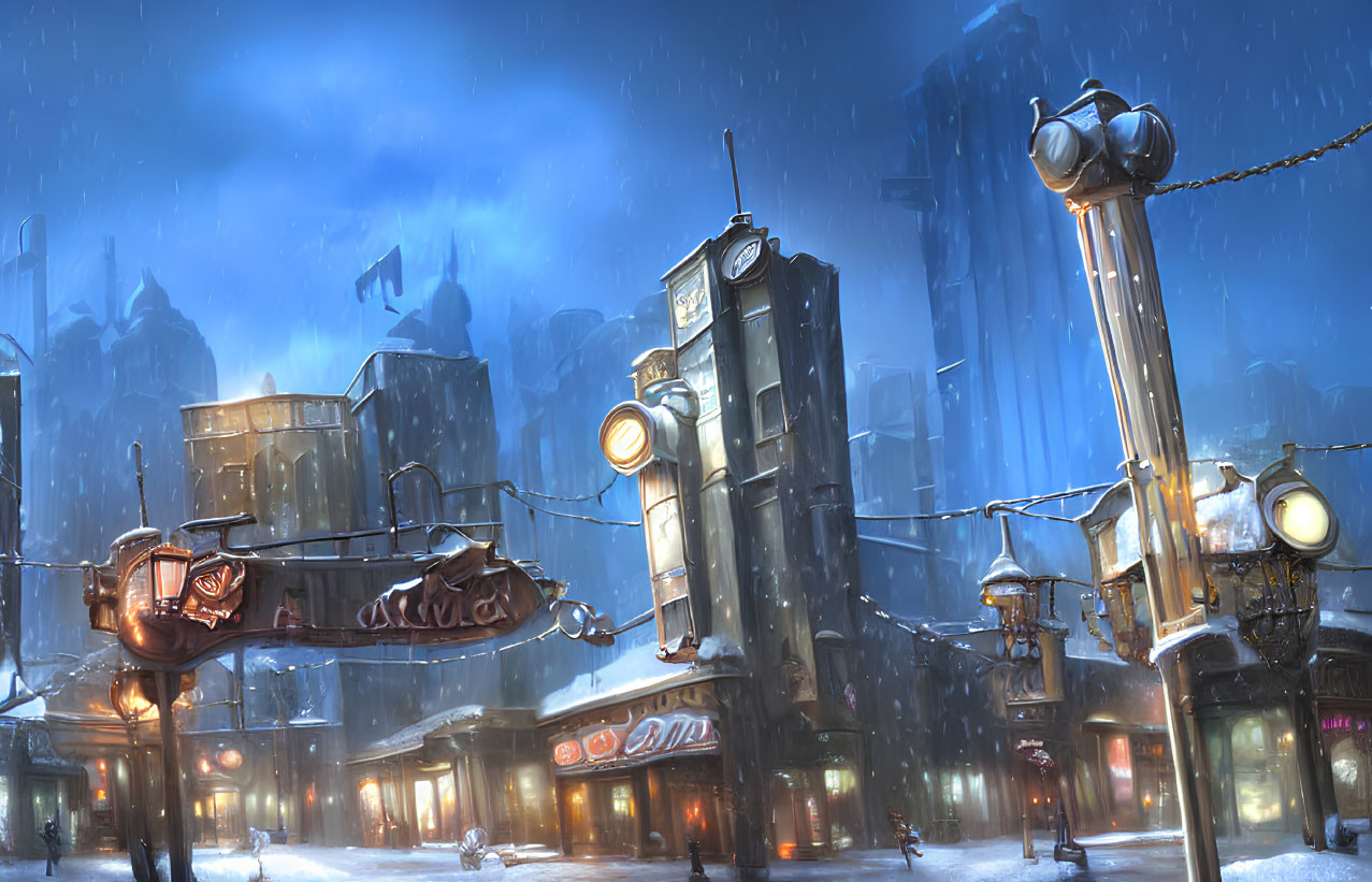 Snowy Winter Cityscape: Night Scene with Street Lamps, Buildings, Diner