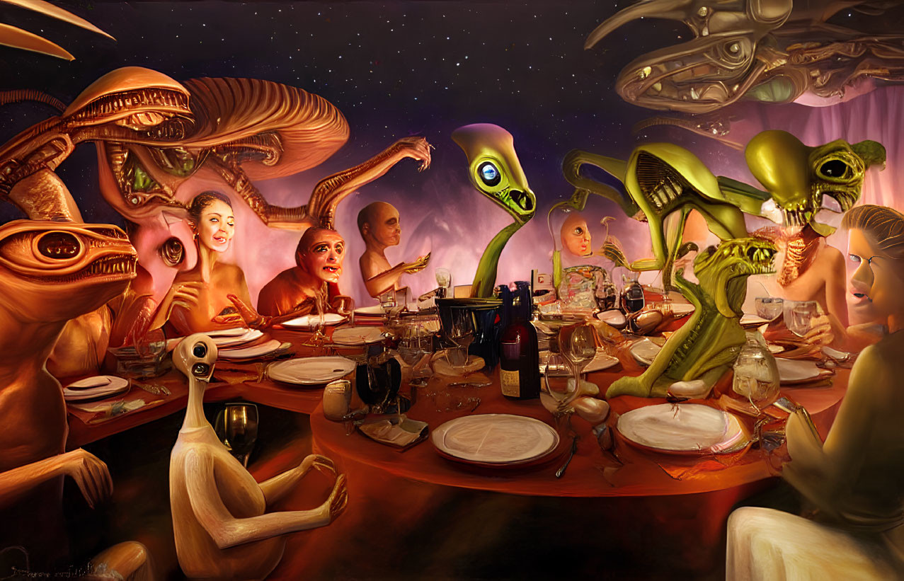 Colorful artwork featuring diverse alien and human faces at cosmic banquet