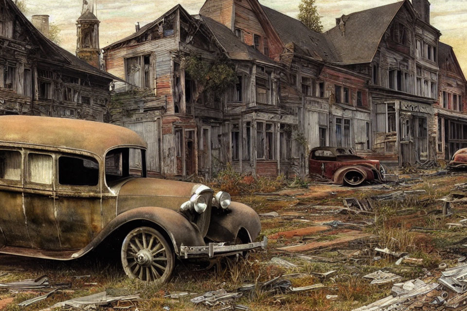 Abandoned vintage cars in front of dilapidated wooden houses with overgrown grass and debris, hint