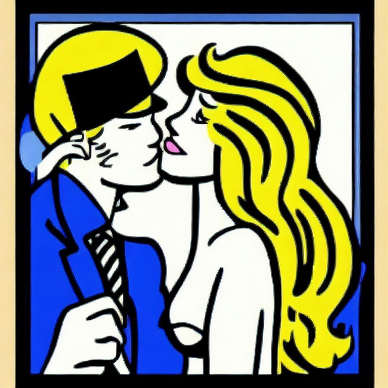 Pop art illustration: Man in yellow hat kissing woman with blonde hair on blue background