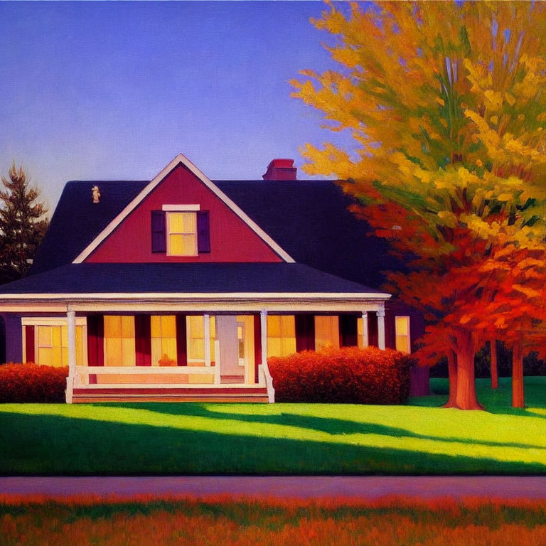 Cozy house with red roof and autumn trees in warm light