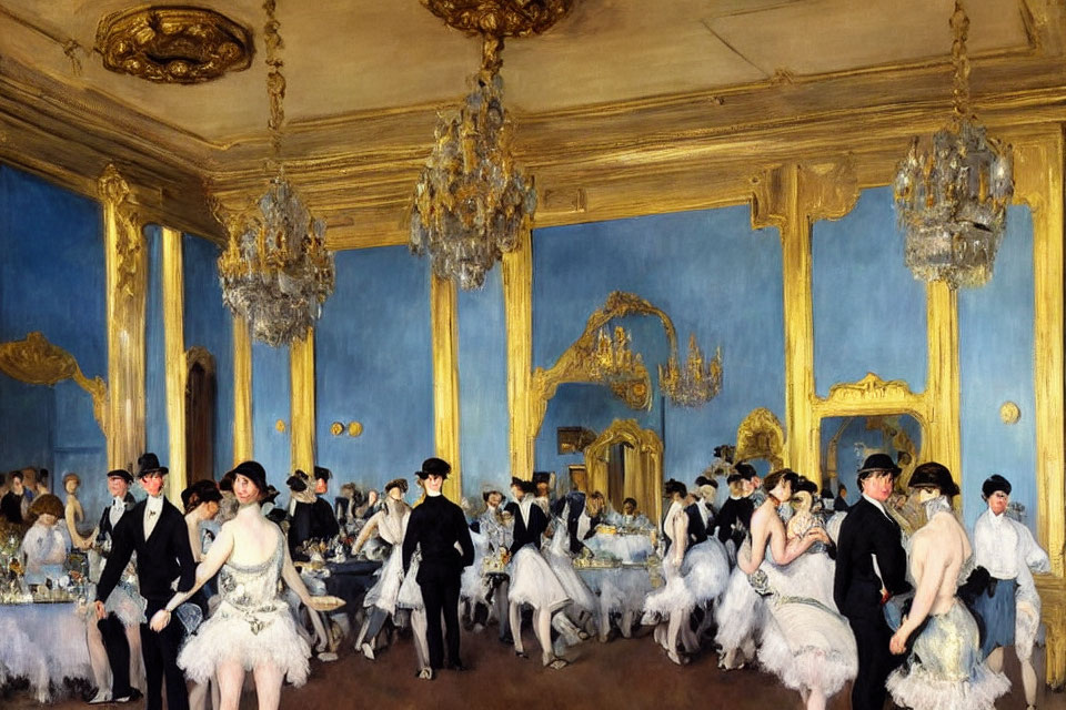 Opulent ballroom scene with guests in formal attire dancing and socializing